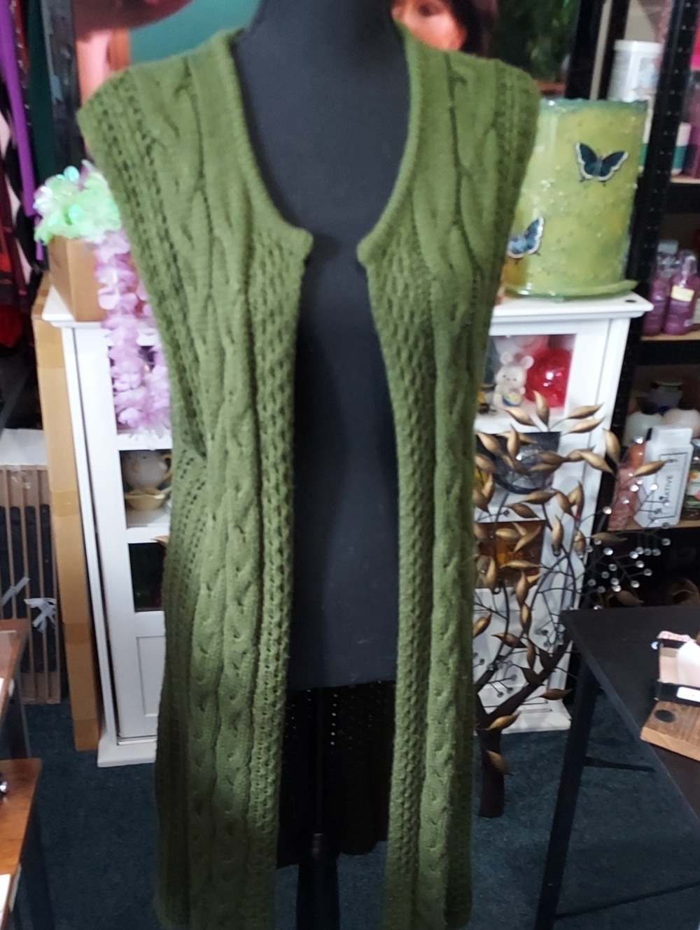 Kate & Mallory Olive Green Cable Knit Long Open-Front Vest